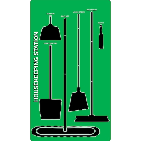 5S Supplies 5S Housekeeping Shadow Board Broom Station Version 2 - Green Board / Black Shadows  With Broom HSB-V2-GREEN-KIT